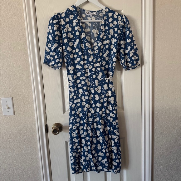Reformation Laurent Blue Floral Wrap Midi Dress Puff Sleeve  Style Size S - Picture 1 of 9